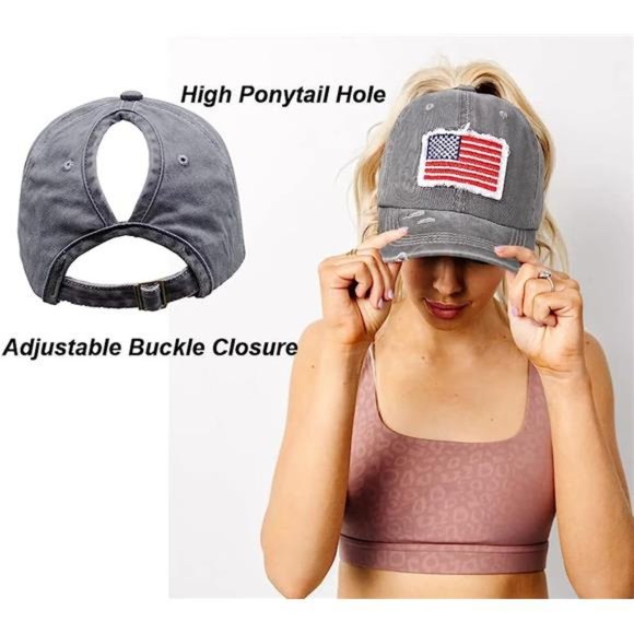 Distressed Ponytail Hat for Women American-Flag Pony Tail Caps High Bun - Picture 3 of 7